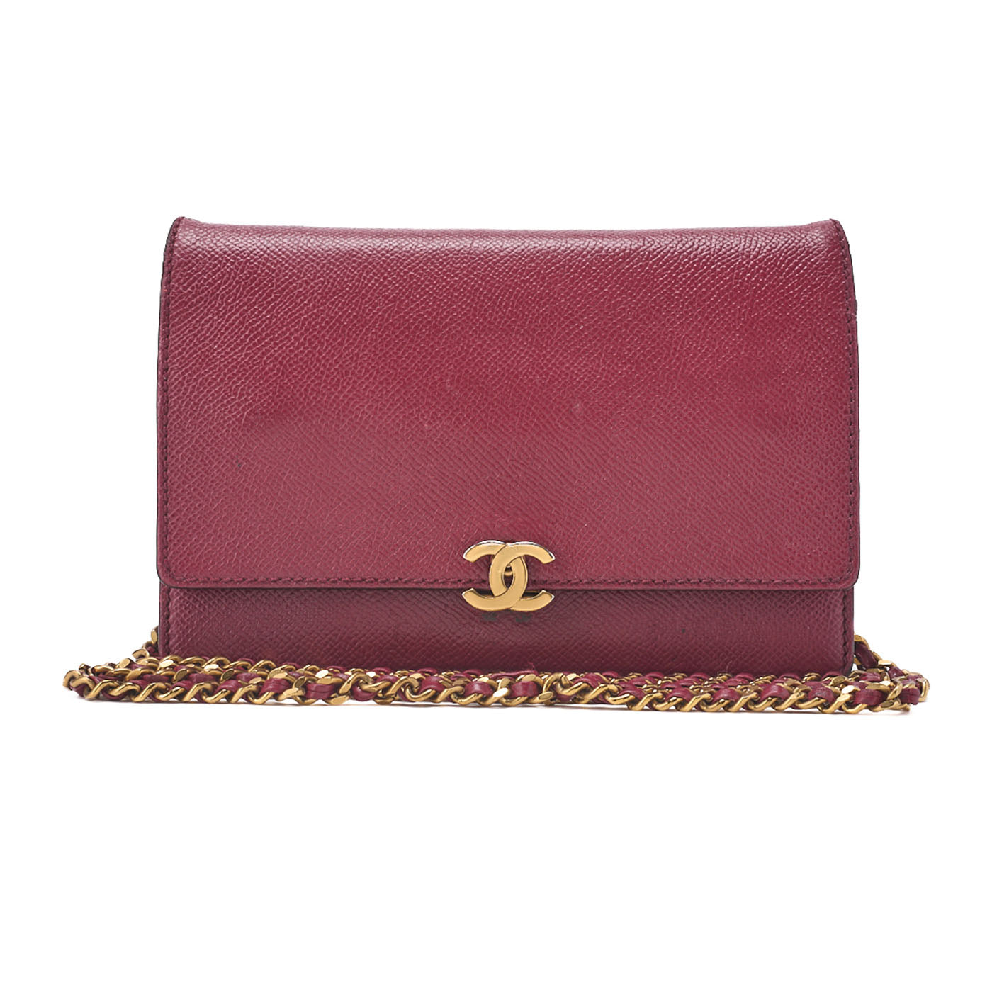 CHANEL Chain Wallet Caviar Skin Push Lock Coco Mark Red Gold-Tone Hardware, Pre-Owned