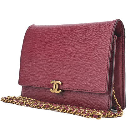 CHANEL Chain Wallet Caviar Skin Push Lock Coco Mark Red Gold-Tone Hardware, Pre-Owned