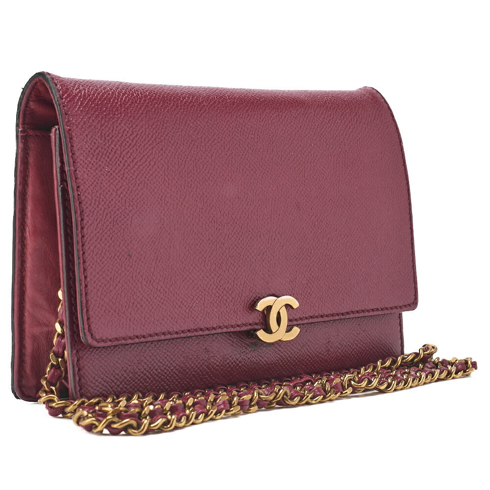 CHANEL Chain Wallet Caviar Skin Push Lock Coco Mark Red Gold-Tone Hardware, Pre-Owned