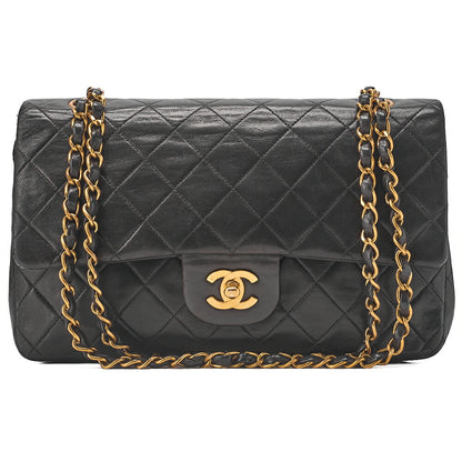 CHANEL Chain Shoulder Bag Matelasse Double Flap 25cm Lambskin Black Gold-Tone Hardware, Pre-Owned