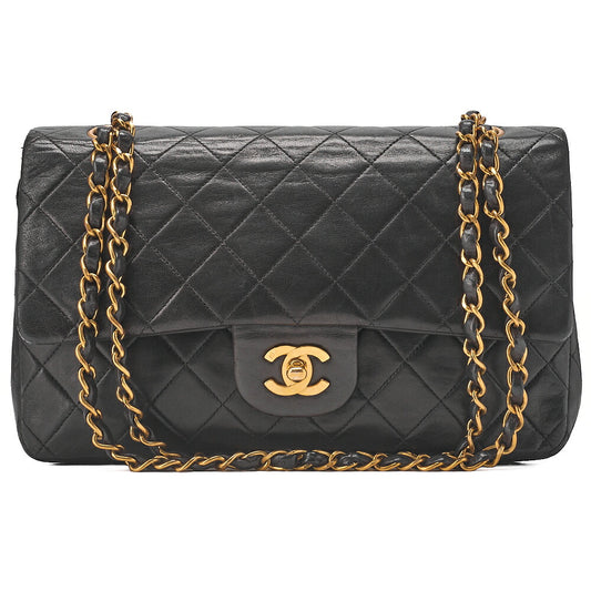 CHANEL Chain Shoulder Bag Matelasse Double Flap 25cm Lambskin Black Gold-Tone Hardware, Pre-Owned