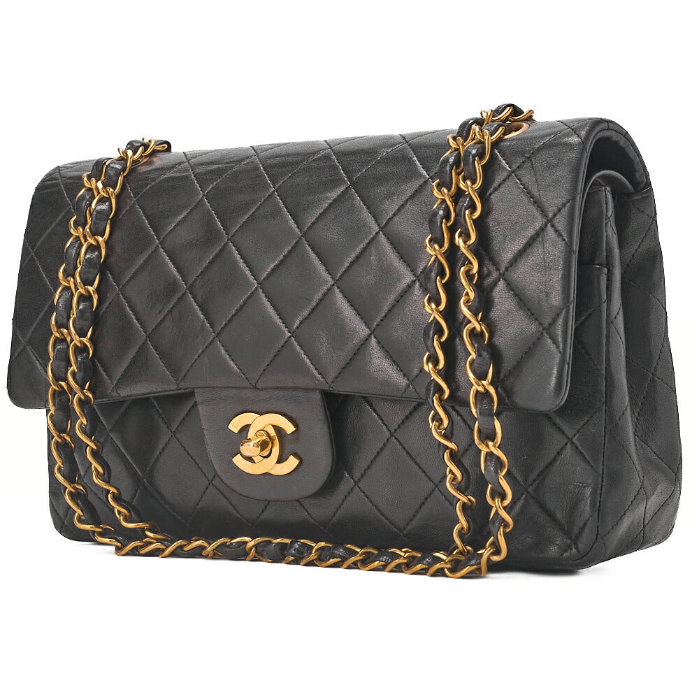 CHANEL Chain Shoulder Bag Matelasse Double Flap 25cm Lambskin Black Gold-Tone Hardware, Pre-Owned