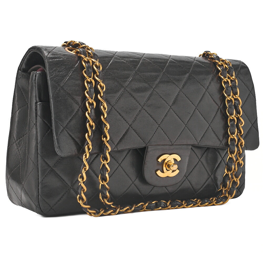 CHANEL Chain Shoulder Bag Matelasse Double Flap 25cm Lambskin Black Gold-Tone Hardware, Pre-Owned