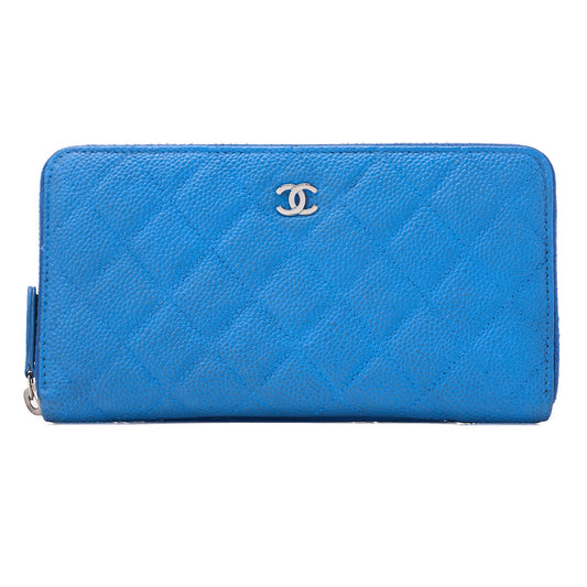 CHANEL Matelasse Round Long Wallet Caviar Skin Blue Silver-Tone Hardware, Pre-Owned