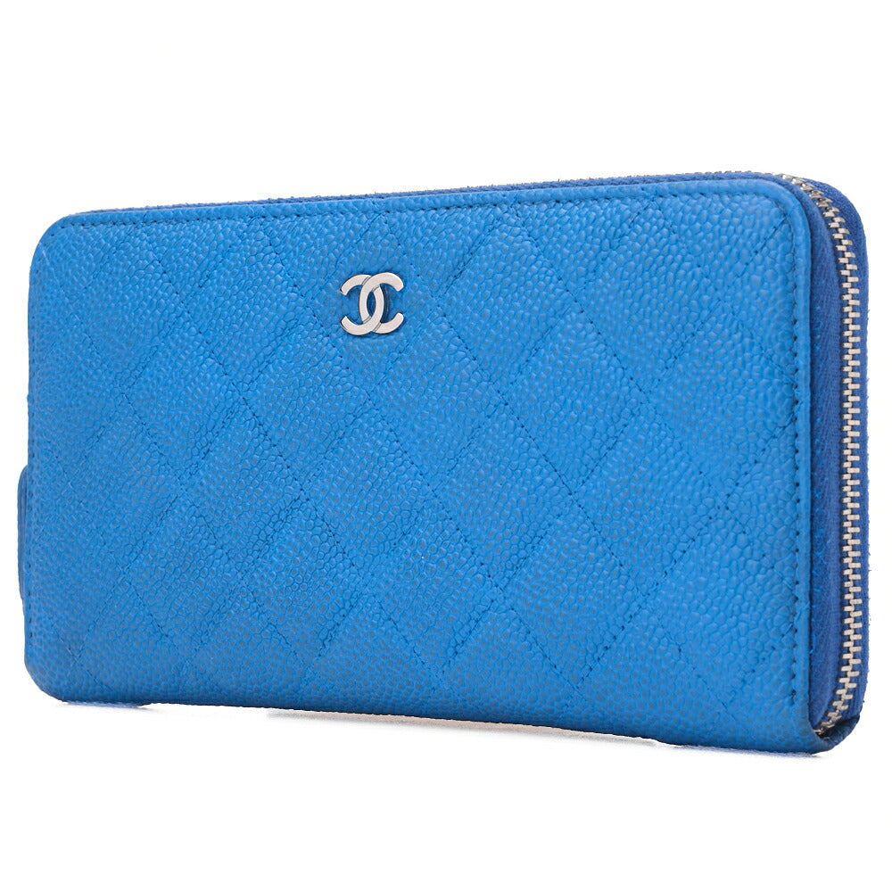 CHANEL Matelasse Round Long Wallet Caviar Skin Blue Silver-Tone Hardware, Pre-Owned
