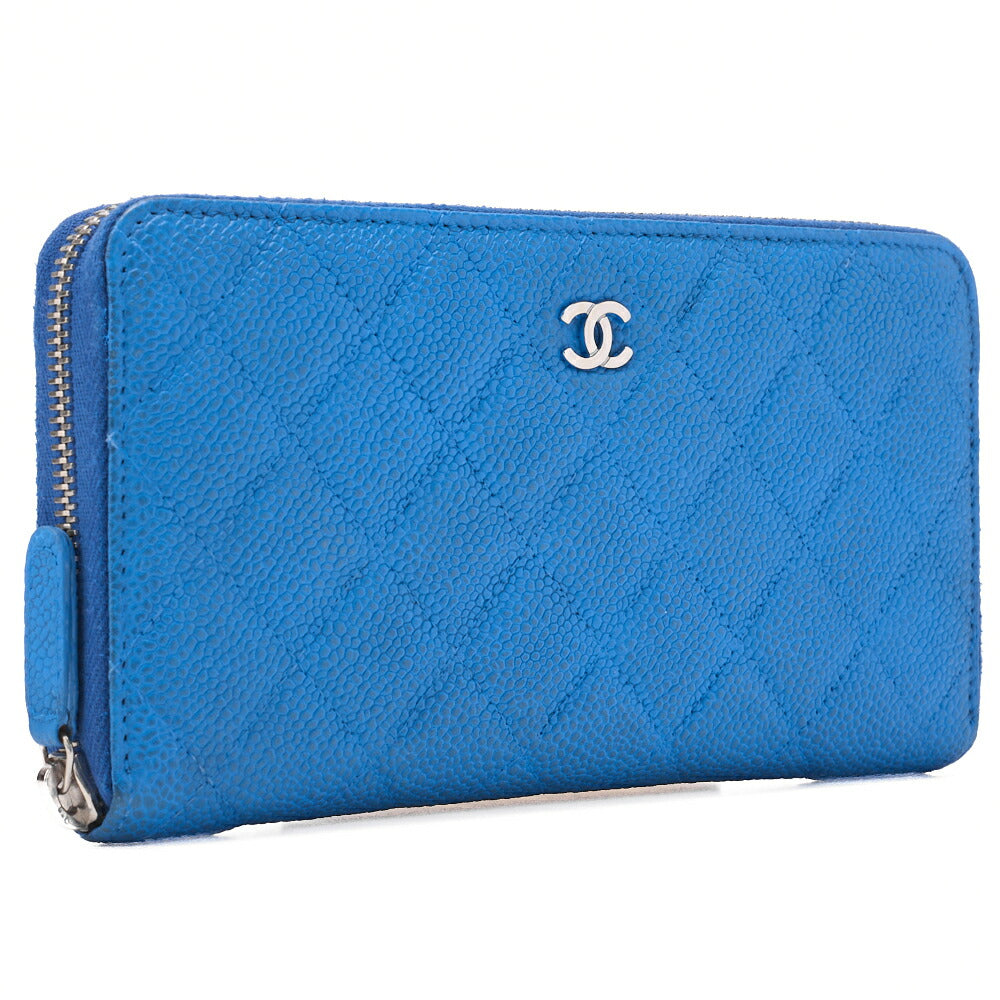 CHANEL Matelasse Round Long Wallet Caviar Skin Blue Silver-Tone Hardware, Pre-Owned