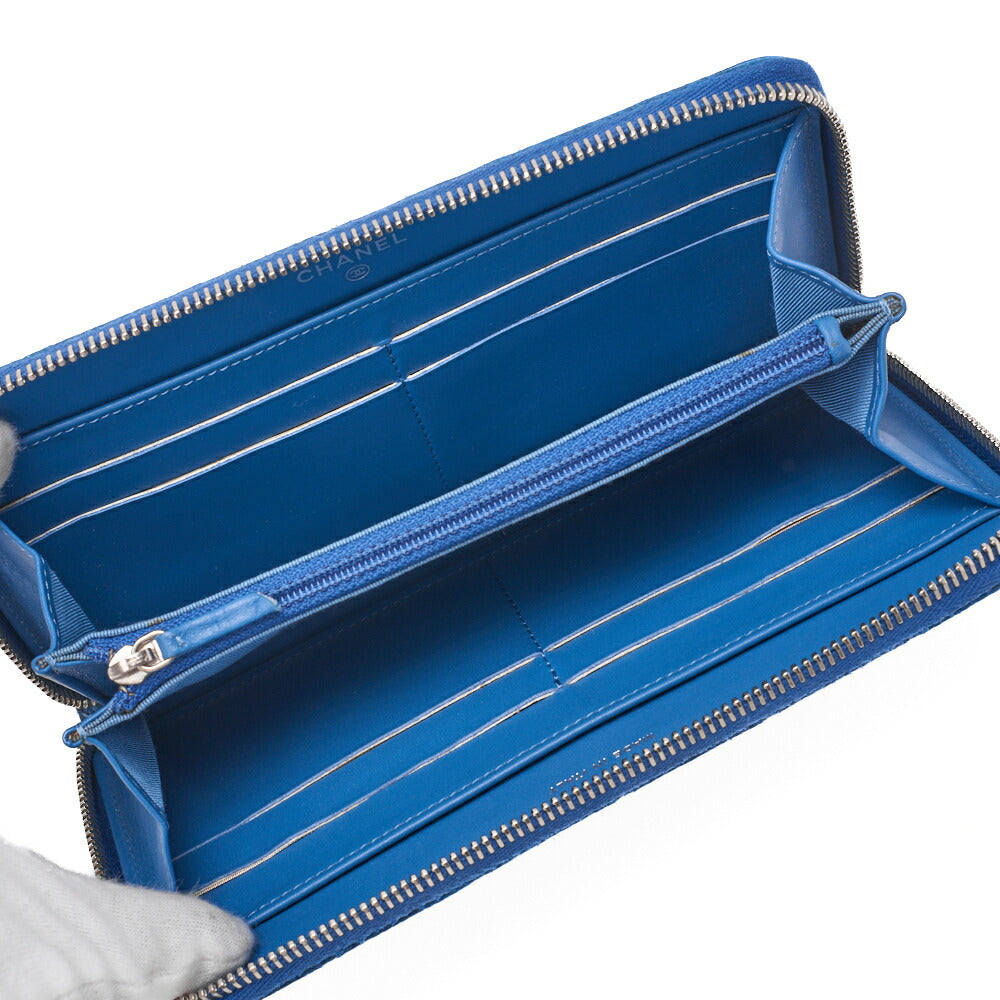 CHANEL Matelasse Round Long Wallet Caviar Skin Blue Silver-Tone Hardware, Pre-Owned