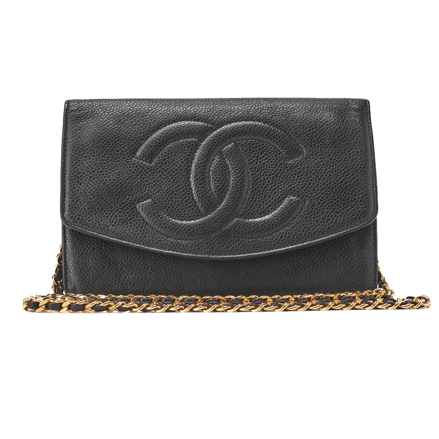 CHANEL Chain Shoulder Bag Push Lock Cocomark Chain Wallet Caviar Skin Black Gold-Tone Hardware, Pre-Owned
