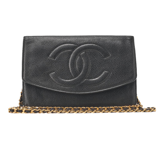 CHANEL Chain Shoulder Bag Push Lock Cocomark Chain Wallet Caviar Skin Black Gold-Tone Hardware, Pre-Owned