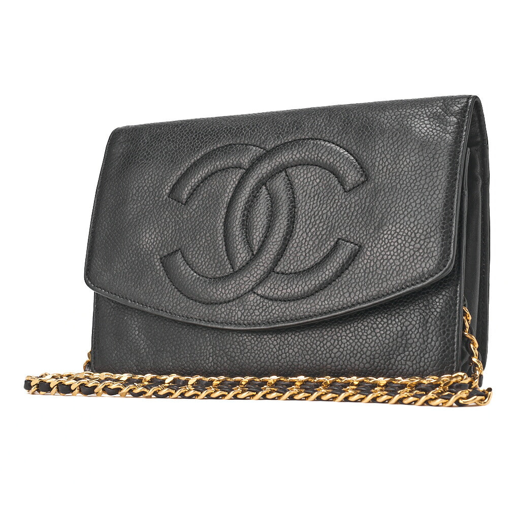 CHANEL Chain Shoulder Bag Push Lock Cocomark Chain Wallet Caviar Skin Black Gold-Tone Hardware, Pre-Owned