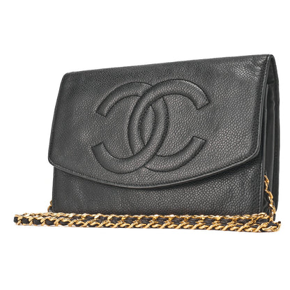CHANEL Chain Shoulder Bag Push Lock Cocomark Chain Wallet Caviar Skin Black Gold-Tone Hardware, Pre-Owned