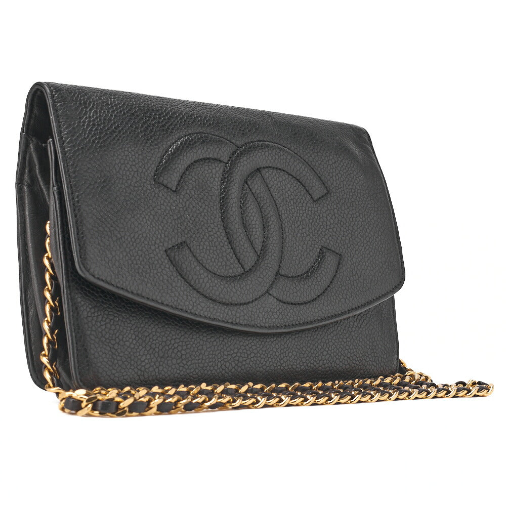 CHANEL Chain Shoulder Bag Push Lock Cocomark Chain Wallet Caviar Skin Black Gold-Tone Hardware, Pre-Owned