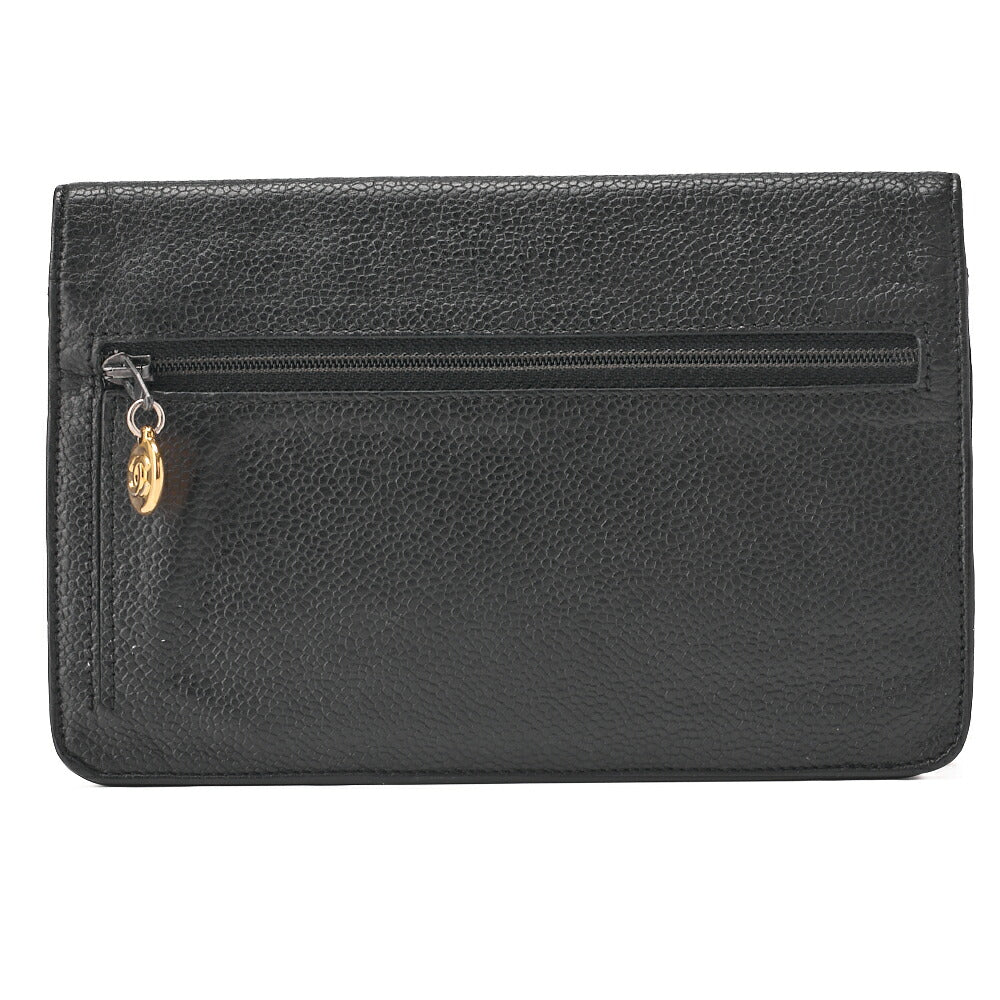 CHANEL Chain Shoulder Bag Push Lock Cocomark Chain Wallet Caviar Skin Black Gold-Tone Hardware, Pre-Owned