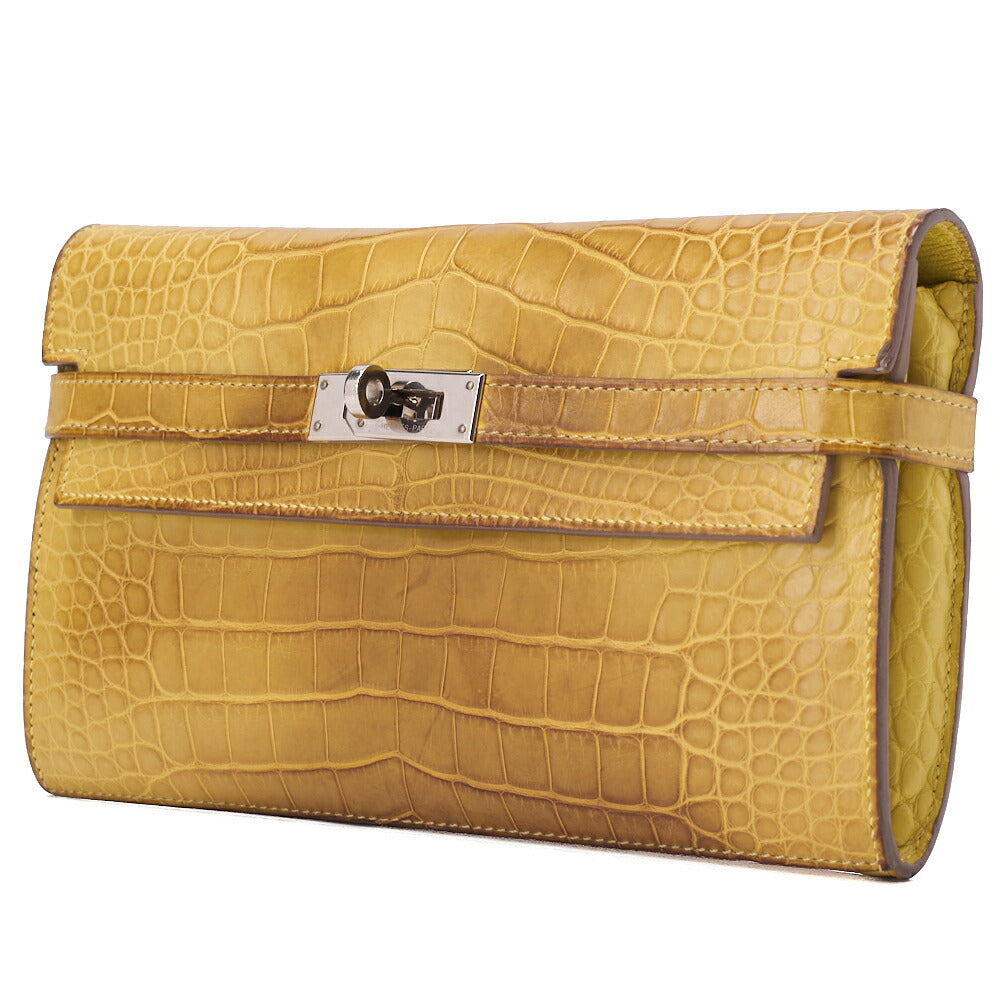HERMES Kelly Wallet 2-Fold Long Wallet Alligator Mimosa Misasa Silver-Tone Hardware, Pre-Owned