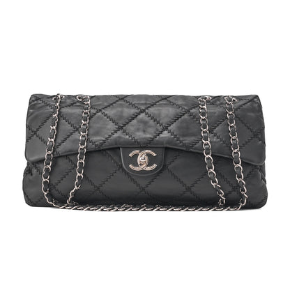 CHANEL Ultra Stitch Coco Mark Chain Shoulder Bag Single Flap Lambskin Black Silver-Tone Hardware, Pre-Owned