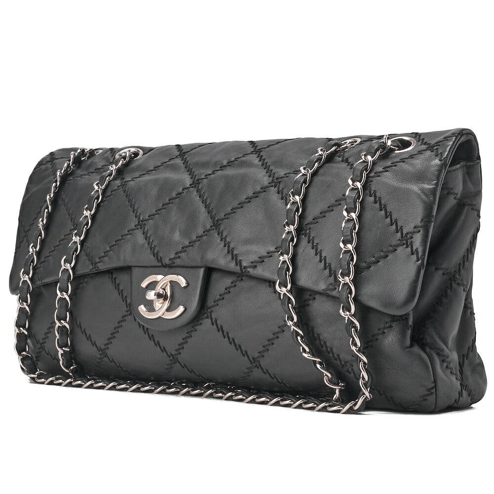 CHANEL Ultra Stitch Coco Mark Chain Shoulder Bag Single Flap Lambskin Black Silver-Tone Hardware, Pre-Owned