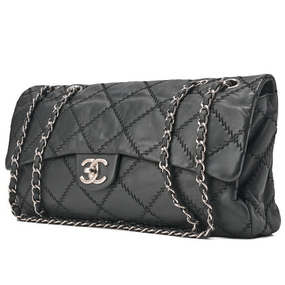 CHANEL Ultra Stitch Coco Mark Chain Shoulder Bag Single Flap Lambskin Black Silver-Tone Hardware, Pre-Owned