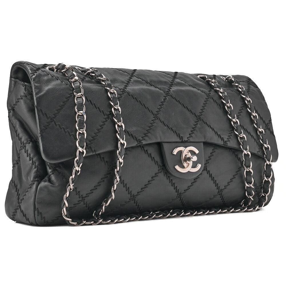 CHANEL Ultra Stitch Coco Mark Chain Shoulder Bag Single Flap Lambskin Black Silver-Tone Hardware, Pre-Owned