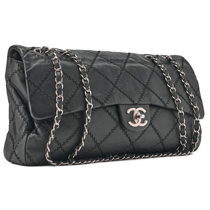 CHANEL Ultra Stitch Coco Mark Chain Shoulder Bag Single Flap Lambskin Black Silver-Tone Hardware, Pre-Owned