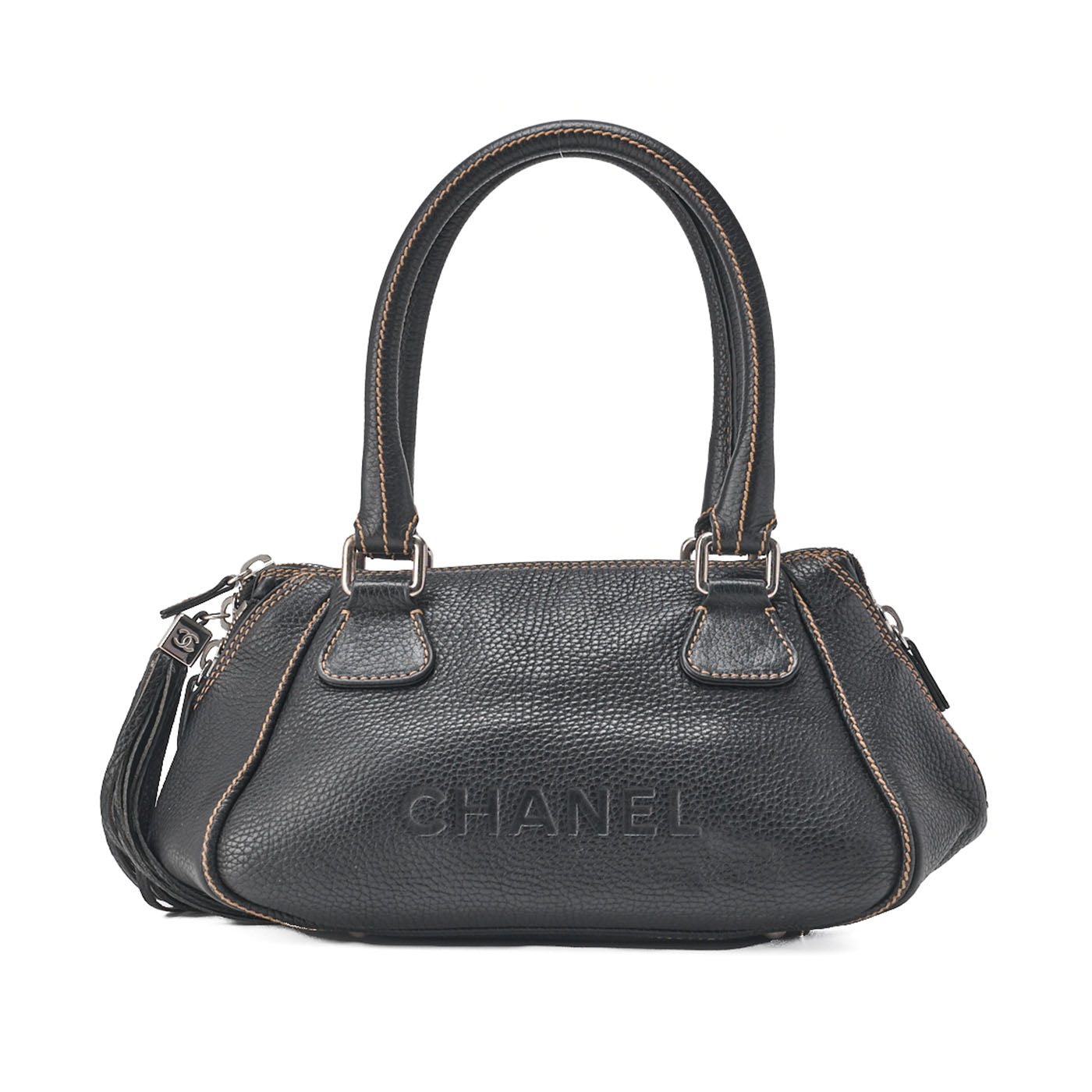 CHANEL Tote Bag Logo Fringe Leather Black Silver-Tone Hardware, Pre-Owned