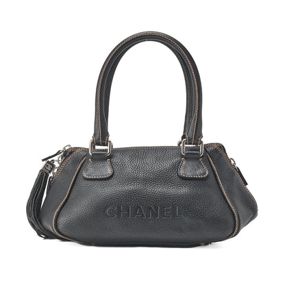 CHANEL Tote Bag Logo Fringe Leather Black Silver-Tone Hardware, Pre-Owned
