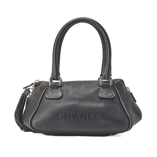 CHANEL Tote Bag Logo Fringe Leather Black Silver-Tone Hardware, Pre-Owned