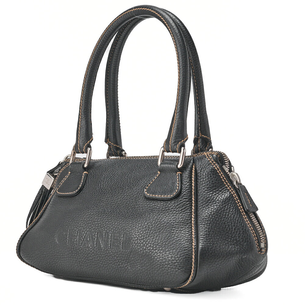 CHANEL Tote Bag Logo Fringe Leather Black Silver-Tone Hardware, Pre-Owned