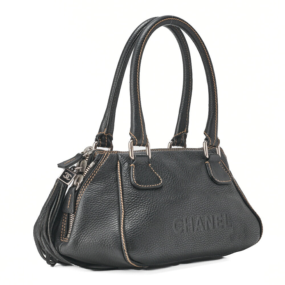 CHANEL Tote Bag Logo Fringe Leather Black Silver-Tone Hardware, Pre-Owned