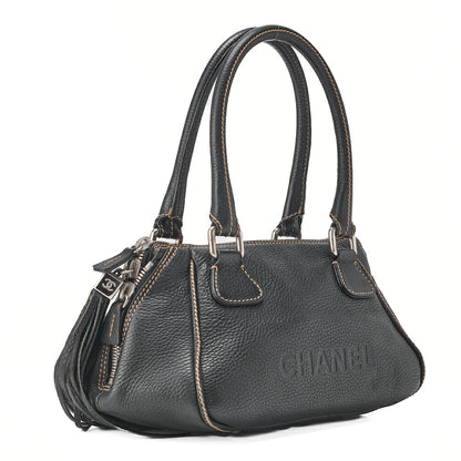 CHANEL Tote Bag Logo Fringe Leather Black Silver-Tone Hardware, Pre-Owned