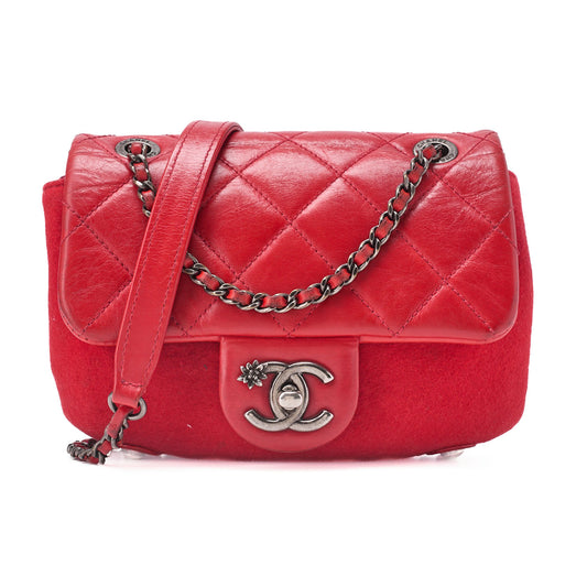 CHANEL Mini Matelasse Single Flap Chain Shoulder Vintage Calf x Wool Felt Red Silver-Tone Hardware, Pre-Owned