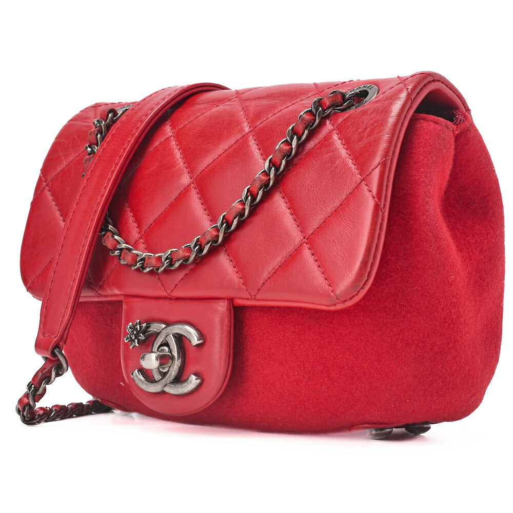 CHANEL Mini Matelasse Single Flap Chain Shoulder Vintage Calf x Wool Felt Red Silver-Tone Hardware, Pre-Owned