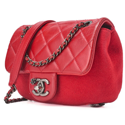 CHANEL Mini Matelasse Single Flap Chain Shoulder Vintage Calf x Wool Felt Red Silver-Tone Hardware, Pre-Owned