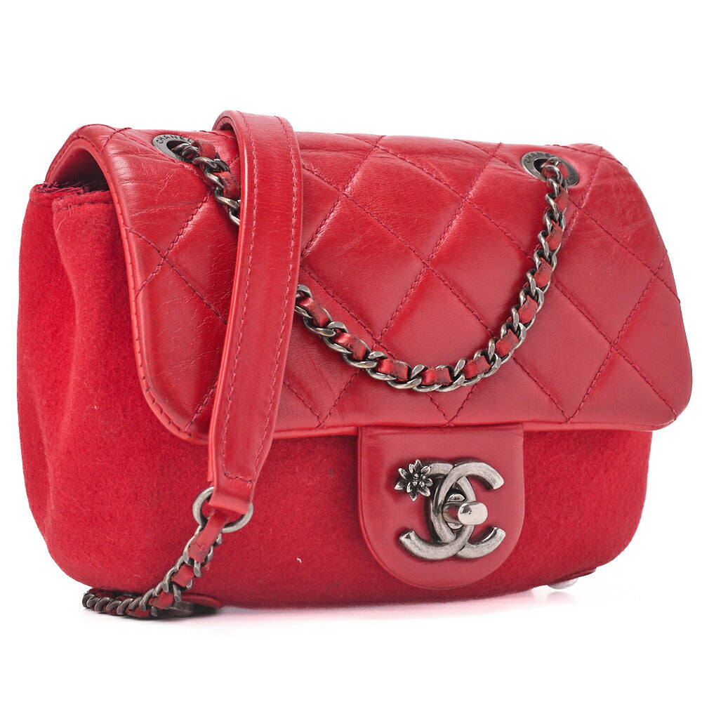 CHANEL Mini Matelasse Single Flap Chain Shoulder Vintage Calf x Wool Felt Red Silver-Tone Hardware, Pre-Owned