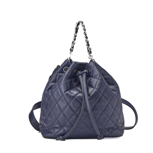 CHANEL Chain Backpack Matelasse 2way Drawstring Caviar Skin Navy Silver-Tone Hardware, Pre-Owned