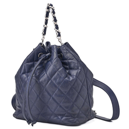 CHANEL Chain Backpack Matelasse 2way Drawstring Caviar Skin Navy Silver-Tone Hardware, Pre-Owned