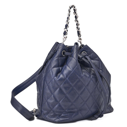 CHANEL Chain Backpack Matelasse 2way Drawstring Caviar Skin Navy Silver-Tone Hardware, Pre-Owned