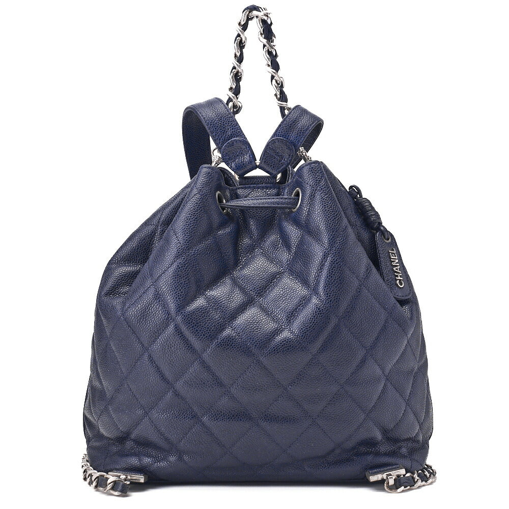 CHANEL Chain Backpack Matelasse 2way Drawstring Caviar Skin Navy Silver-Tone Hardware, Pre-Owned