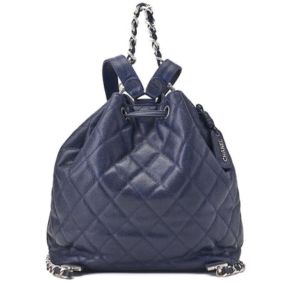 CHANEL Chain Backpack Matelasse 2way Drawstring Caviar Skin Navy Silver-Tone Hardware, Pre-Owned