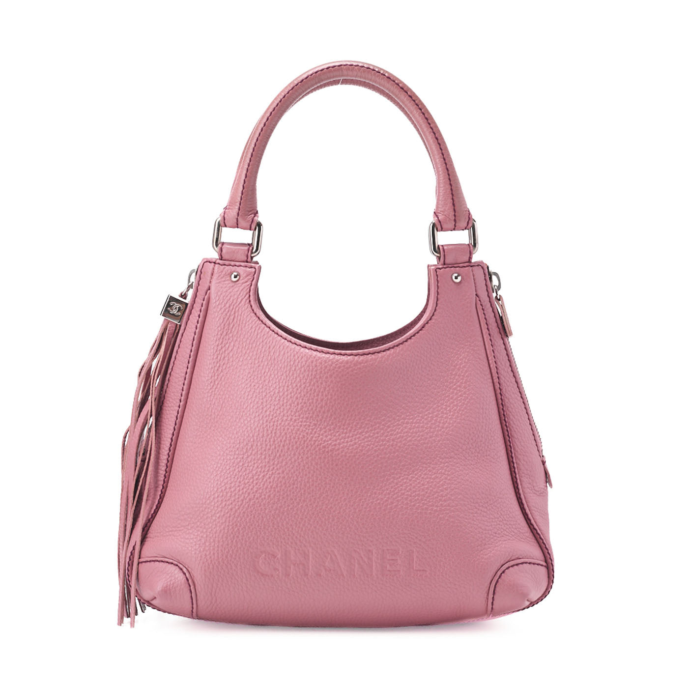 CHANEL Tote Bag Logo Fringe Leather Pink Silver-Tone Hardware, Pre-Owned