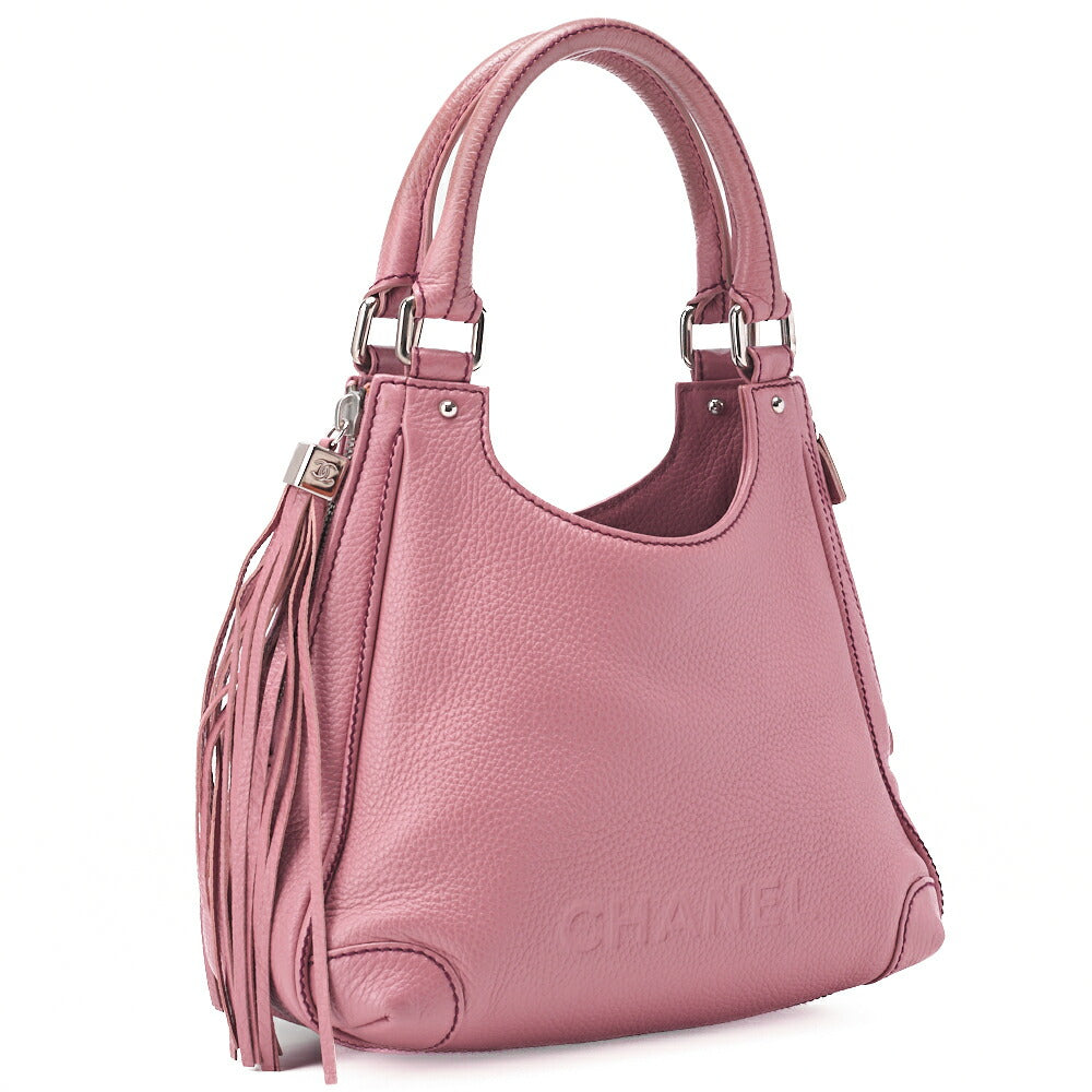 CHANEL Tote Bag Logo Fringe Leather Pink Silver-Tone Hardware, Pre-Owned
