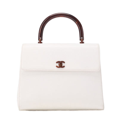 CHANEL Handbag Turnlock Kelly Shape Wood Pattern Caviar Skin White Gold-Tone Hardware, Pre-Owned