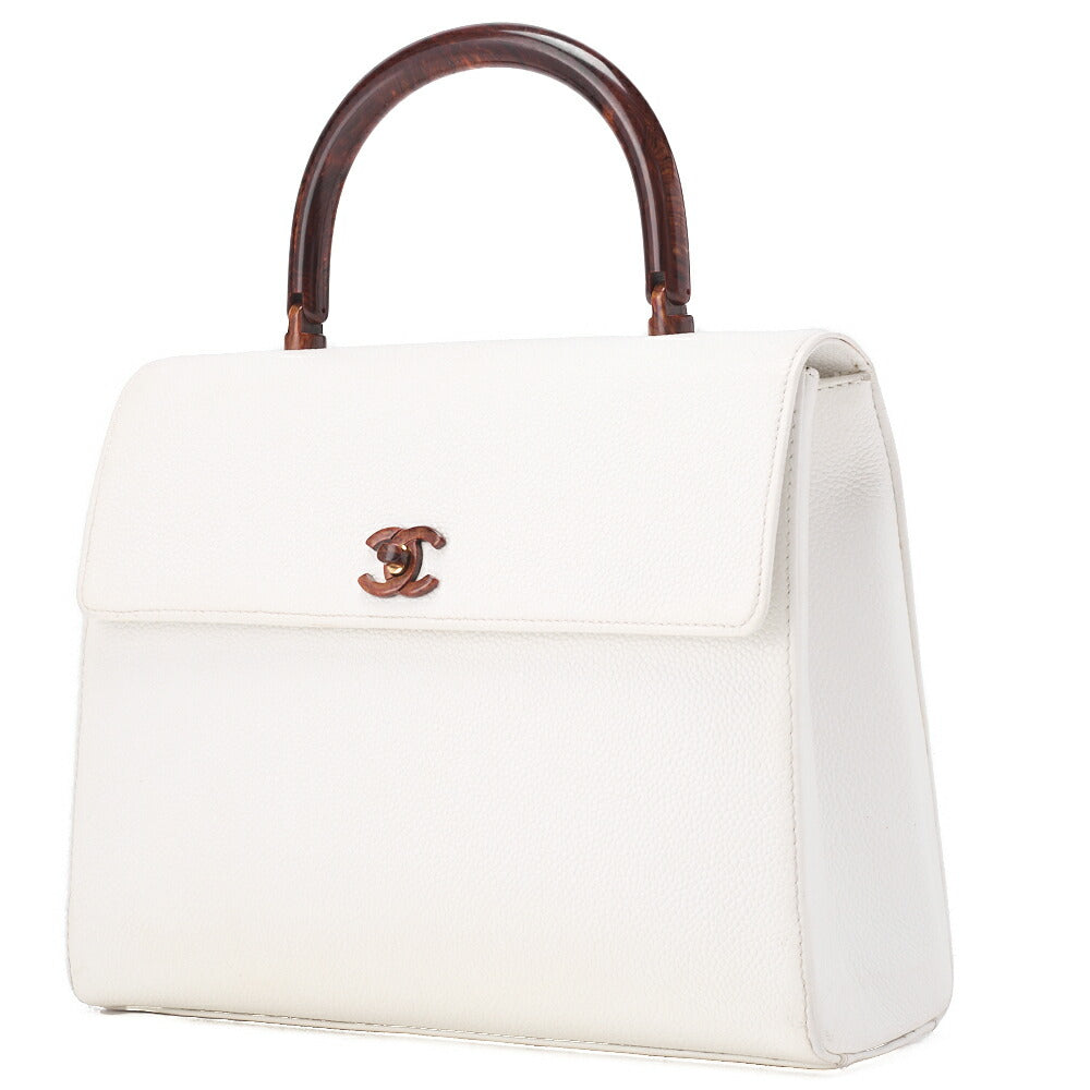 CHANEL Handbag Turnlock Kelly Shape Wood Pattern Caviar Skin White Gold-Tone Hardware, Pre-Owned