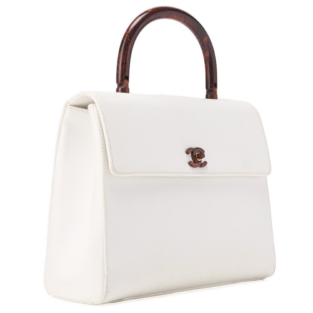 CHANEL Handbag Turnlock Kelly Shape Wood Pattern Caviar Skin White Gold-Tone Hardware, Pre-Owned