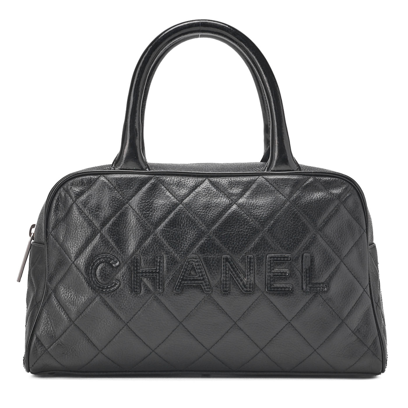 CHANEL Handbag Mini Boston Bag Caviar Skin Matelasse Coco Mark Black Silver-Tone Hardware, Pre-Owned