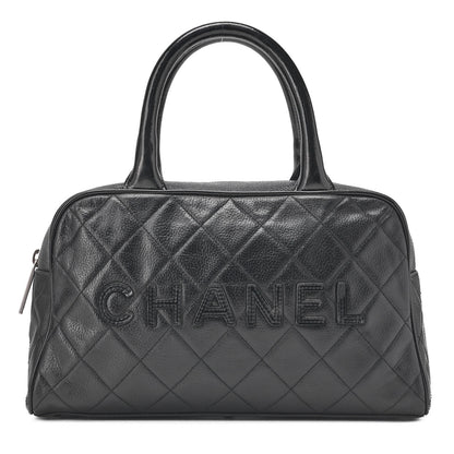 CHANEL Handbag Mini Boston Bag Caviar Skin Matelasse Coco Mark Black Silver-Tone Hardware, Pre-Owned
