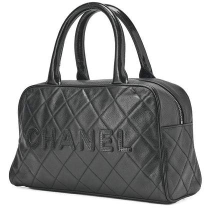 CHANEL Handbag Mini Boston Bag Caviar Skin Matelasse Coco Mark Black Silver-Tone Hardware, Pre-Owned