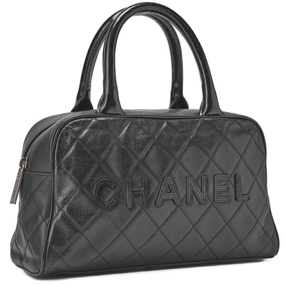 CHANEL Handbag Mini Boston Bag Caviar Skin Matelasse Coco Mark Black Silver-Tone Hardware, Pre-Owned