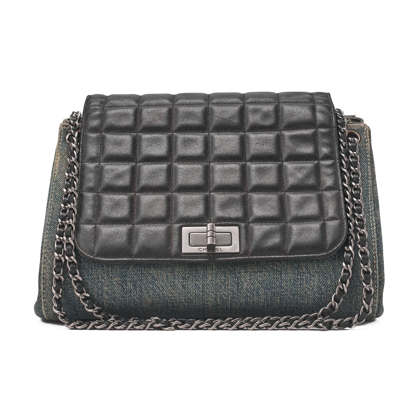 CHANEL Chocolate Bar 2.55 Lock Chain Shoulder Denim x Lambskin Black x Blue Silver-Tone Hardware, Pre-Owned