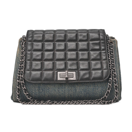 CHANEL Chocolate Bar 2.55 Lock Chain Shoulder Denim x Lambskin Black x Blue Silver-Tone Hardware, Pre-Owned