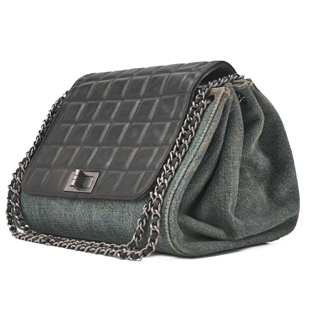 CHANEL Chocolate Bar 2.55 Lock Chain Shoulder Denim x Lambskin Black x Blue Silver-Tone Hardware, Pre-Owned